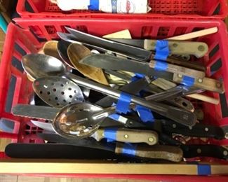 Slotted spoons, cleavers, knives, ice cream scoops, etc, just a plethora of kitchen utensils, many industrial!!!!