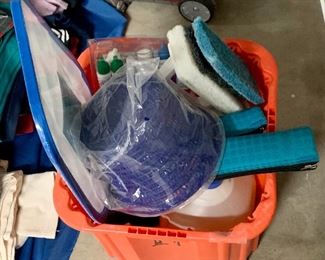 Crate of pool supplies, testing kits, and chemicals.
$30