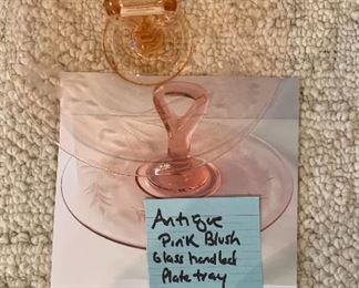 Antique Pink Blush Glass Handle Plate Tray - $25