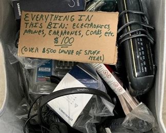 Over $500 of phones, earphones and earpieces, chargers, connectors, new Bluetooth devices, radios, extension cords, and additional electronics in this bin.
Purchase it all for $100
