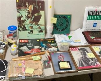 Lots of Sport Collectibles, including Henry Aaron “715” Sports Illustrated Issue, Marvelous Marvin Hagler signed fight tickets, Track & Field “Golden” Baton used at 1996 Olympics, autographed baseballs, Ted Williams photos (including LIFE magazine, 1941), Super Bowl items, old newspapers, golf stuff, USA Olympic Gear, USA Pan American Games Gear.