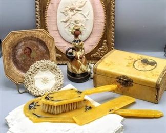 Vintage 1950's Bakelite Women's Vanity Set (3) Pcs, Vintage Handkerchiefs (6), Jewelry Box, (6) Crochet Doilies, Cherub Framed Bisque, UCTCI Japan Woman with Basket and Dog Figurine Pottery