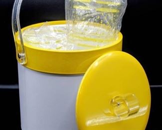 Vintage Mid-Century White and Yellow Vinyl Ice Bucket and Matching Donde Tumblers