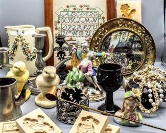 Assorted Lot FULL of Fun Vintage Finds! German Biscuit Butter Blocks, Needlepoint Art, Thoren Bros. Hospital Property, Vintage Jewelry and more!