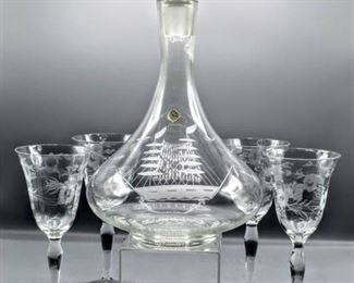 Gorgeous Vintage 14" Etched Nautical Crystal Decanter and (4) Delicate Etched Crystal Wine Goblets