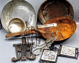 Aluminum Everlast Forged Bowl 5046, Antique Cooking Pan, (3) Trivets, Aluminum Soup Scoop and More!