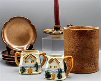 Frankoma Pottery Dessert Plates (4), Dutch Windmill Creamer and Sugar Set Made in Occupied Japan, Pottery CandleStick Holder/Ashtray, Pottery Canister with Mandala Pattern