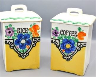 Bright Vintage TBICO Czechoslovakia Czech Hand Painted Ceramic Rice & Coffee Cannisters