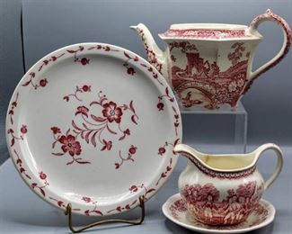 Vintage Red Brigadoon Sadler Tea Pot, Currier & Ives By Homer Laughlin Surrender of Burgoyne 1777, Salisbury Alfred Meakin Staffordshire England, Red Gooseberry Syracuse China Plate 2-11