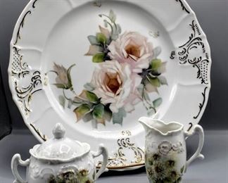 Signed Bernadotte Czech Republic Hand Painted Fine Porcelain China 12.5" Round Platter and Unmarked Creamer and Sugar Set