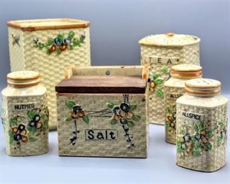Hotta Yu Shoten & Co. Basketweave Pattern (6) Piece Salt Box, Canister and Shaker Set 1920-30s