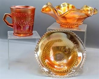 (3) Vintage Carnival Glass Pumpkin and Marigold Iridescent Ribbon Footed Bowl, Ruffle Bowl and Fenton Marigold Orange Tree Mug