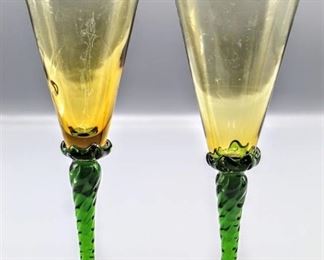 (2) Beautiful Vintage Amber and Green Art Glass Stemmed Glasses Made in Italy