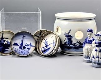 Delft Blauw Blue Handpainted Bulb Planter, (4) Blue White Windmill Dutch Theme Coasters and Pair of Dutch Boy & Girl Figurines