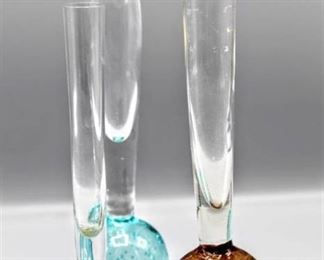 (3) Mid Century Modern Aque, Amber, Clear Bubble Art Glass Crystal Stem Vases