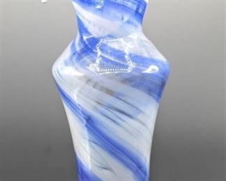 Sooner Ozark Art Glass by Smith's Old Timer Glass, Marked SOT, Blue & White Swirl Vase