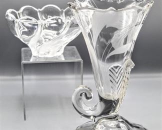 Vintage Crystal Cornucopia Vase with Etched Flowers and beautiful crystal bowl