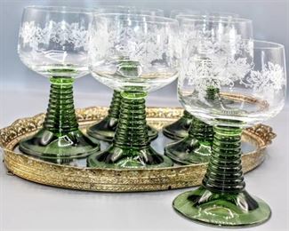 (6) Vintage Continental Glasses Ribbed Green Stems Drinking Goblets Barware