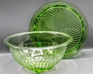 Green Depression Glass Cake Plate and Bowl