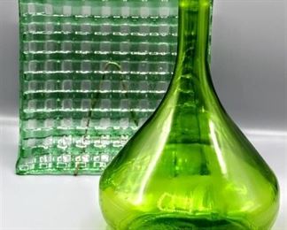 Vintage 8.25" Square Green & Clear Glass Basketweave Pattern Plate and Glass Wine Decanter Bottle
