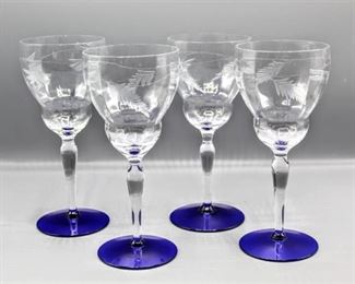 Weston Delicate Art Deco Fine Stemmed Etched Glasses with Cobalt Blue Base