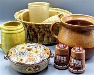 (8) Piece Lot of Vintage Artisan Pottery - Cabinart Bake Ware Pitcher and Signed Creamer Pitcher