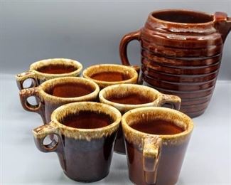 (7) Piece Lot Vintage Pottery, Hull Oven Proof Pottery, Brown Drip (6) Mugs and (1) Brown Glaze Pottery Honeycomb Water Pitcher