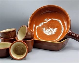 Vintage Vulcania Earthenware 12" Made in Italy Handled Pottery, (6) Weller Redware Pottery Ramekins, Custard Cups Servers, and 9" Pottery Bakeware