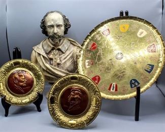 Vintage Tchaikovsky & Chopin Ornate Solid Brass Musical Composer Wall Decor, 13" Tchaikovsky? Bust Statue and Decorative Plate with the German States Wall Decor 11.25"