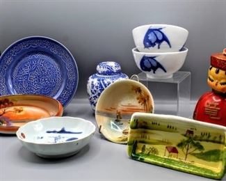 (9) Piece Lot - Misty Rose (2) Bowls Koi Carp Fish, Nippon Handpainted Bowl, Noritake Handpainted Dish, Blue Willow Paden City Pottery Plate, Blue & White Ginger Jar and Asian Bobblehead Bank of China