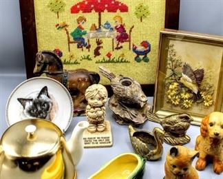 Large Lot Vintage Finds - Tea Pot with Brass Warmer Cover, Bavarian, Paula 1977 Figurine, Vtg/Antique Framed Needlepoint, 1935 Figurines, Corncob Dish and more!