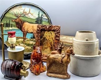 Lg Lot Full of Treasures - Vintage/Antique Apollo Shave Stand with Milk Glass Cup, James L. Artig Metal Art Serving Tray Elk Scene, (2) Antique Crocks, Avon Bottles, Beautiful Carved Wood Frame and more
