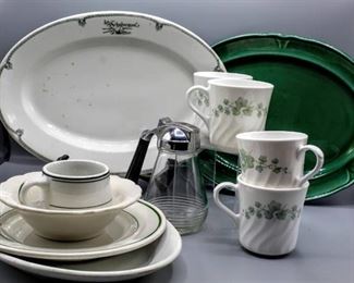 Mid-Century Retro Kitchen Lot - (4) Corelle Corning Ware Callaway Ivy Mugs - Wellsville, Syracuse & Buffalo China Dishes, Royal Ironstone Platter and Glass Syrup PItcher