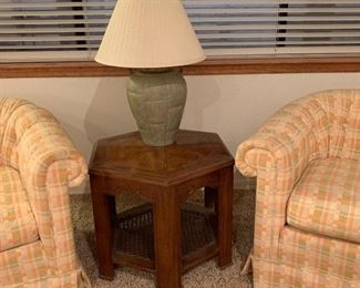 Century Arm Chairs, Vintage Octagon Table w Caned Base, Table Lamp