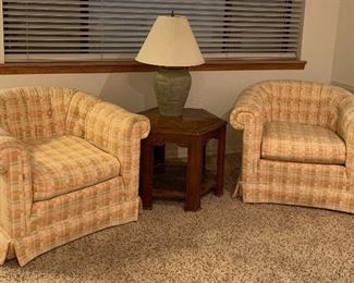 Century Arm Chairs, Vintage Octagon Table w Caned Base, Table Lamp