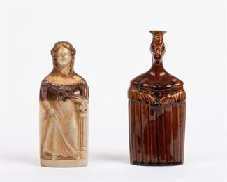 69: Pair of Antique Stoneware Figural Female Flasks