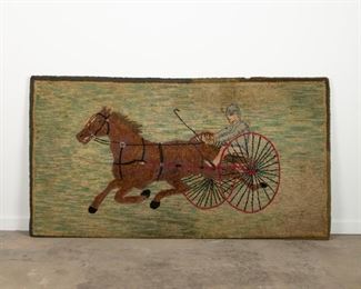 90: Folk Art Thoroughbred Trotter and Sulky Hooked Rug