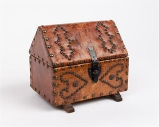 112: Folk Art Leather Wrapped Studded Valuables Box