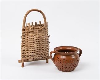 136: Redware Cheese Strainer and Unusual Splint Basket
