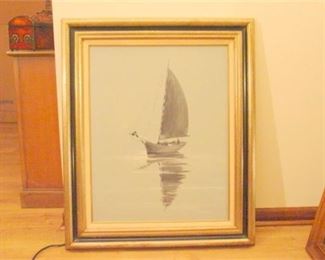 18. Framed Original Oil Painting on Canvas of Sailboat on Calm Water