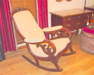 24. Antique C.1885 Lincoln Rocking Chair Carved Frame and newly upholstered