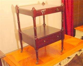 29. Vintage Wood Side Table on Brass Casters and with Drawer and Pull Out Shelf