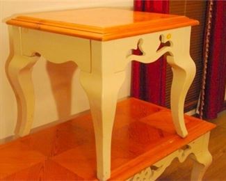 32. Vintage Wood Side Table Carved and Painted Frame with Marquetry Top