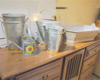 50. Five 5  Metal Items 2 Watering Cans  2 Vases  Open Planter