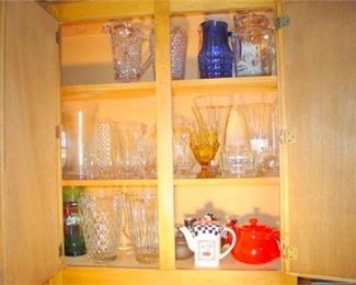 75. All 3 Cupboard Shelves Glass Pitchers, Vases, Ceramic Tea Pots