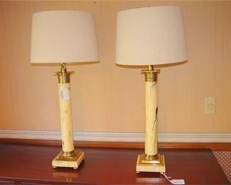 90. Pair of Faux Marble Painted Table Lamps with Brass Mounts and shades