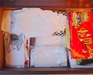 101. Drawer Full of Fancy Table Cloths Napkins  Hand Embroidered  Lacey 
