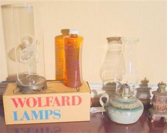 103. Three 3 items Wolfard Oil Lamp complete in box  Mini parlor stove lamp  