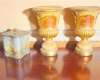 104. Three 3 Items  Very Old Candy Tin  Pair of Plaster Neo Classical form Vases