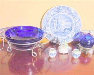 106. Six 6 items  Signed Spode Blue  White Charger  Blue Glass Bowl Centerpiece